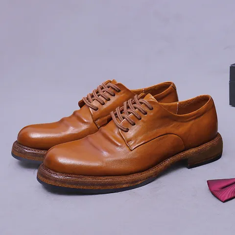 Handmade Goodyear Welted Horsehide Leather Derby Shoes For Men British Vintage Style Business Formal Dress Shoes Round Toe Lace Up Professional Wedding Office Footwear