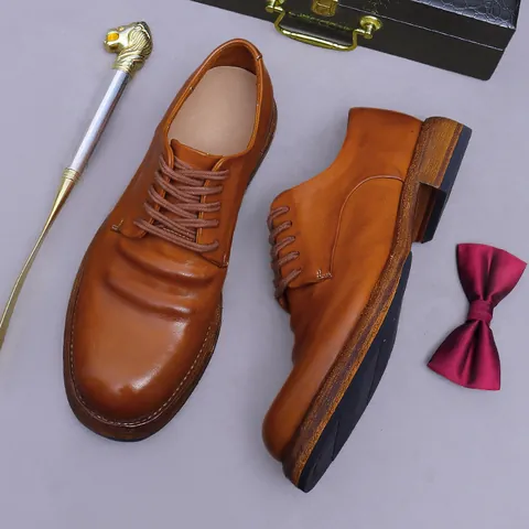 Handmade Goodyear Welted Horsehide Leather Derby Shoes For Men British Vintage Style Business Formal Dress Shoes Round Toe Lace Up Professional Wedding Office Footwear