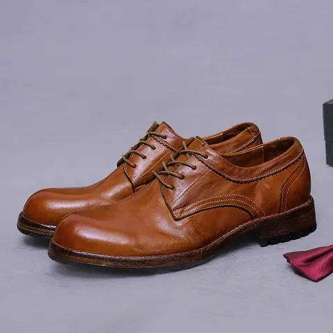 Heren Paardenleer Derby-schoenen Goodyear Genaaid Zakelijk Formeel Leren Schoenen Koeienhuid Binnenzool Ademend Vintage Handgemaakt Bruiloft Schoenen