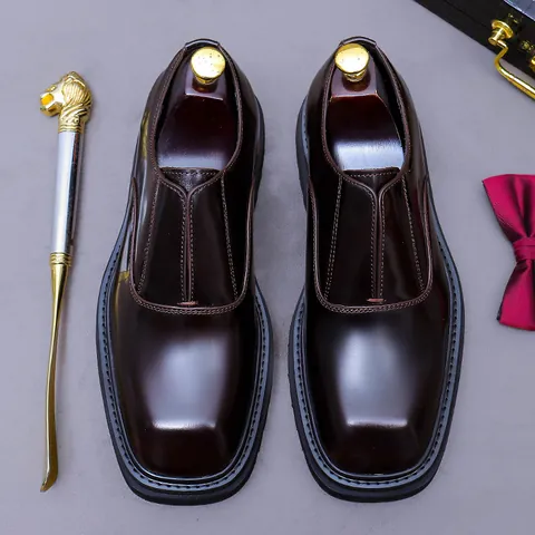 Men Genuine Cowhide Leather Business Formal Shoes Shiny Patent Finish Square Toe Slip-On Casual British Style Gentleman Loafers For Office Banquet