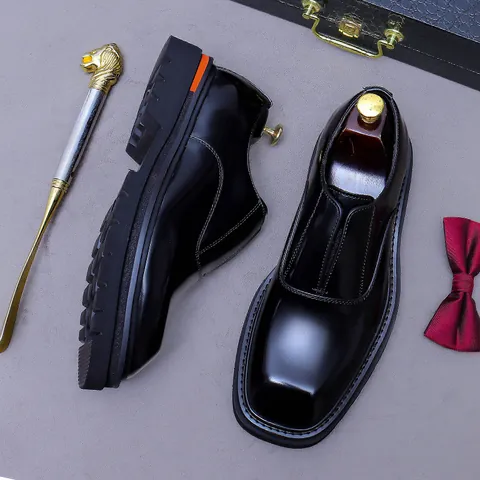 Men Genuine Cowhide Leather Business Formal Shoes Shiny Patent Finish Square Toe Slip-On Casual British Style Gentleman Loafers For Office Banquet