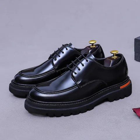 Men Genuine Cowhide Leather Derby Shoes Thick Sole Height Increasing Mirror Polished Business Formal Wedding Dress Shoes