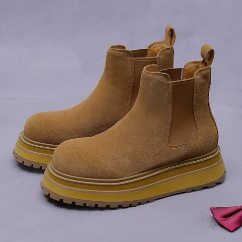 Men's Cowhide Leather Chelsea Boots Vintage Chunky Sole Non-Slip Ankle Boots Casual Warm Matte Suede Outdoor Fashion Boots