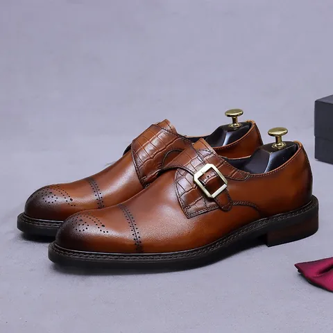 Men's Business Cowhide Monk Strap Shoes With Brogue Carving Crocodile Texture Buckle Formal Wedding Dress Shoes For Men
