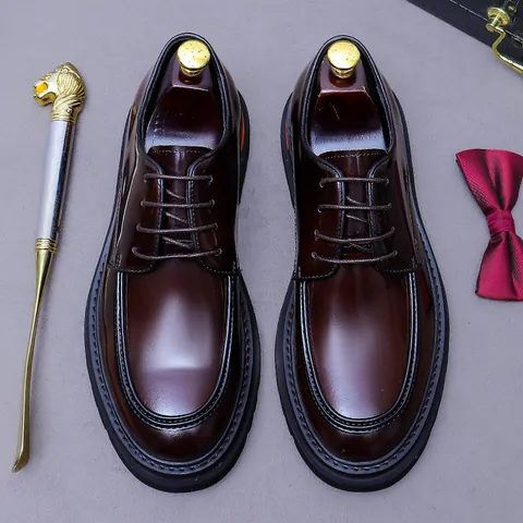 Men Genuine Cowhide Leather Derby Shoes Thick Sole Height Increasing Mirror Polished Business Formal Wedding Dress Shoes