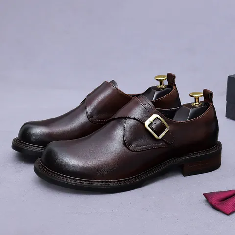 Men's Genuine Cowhide Leather Monk Strap Shoes Business Formal Round Toe Hand Burnished Dress Shoes For Wedding Office Wear