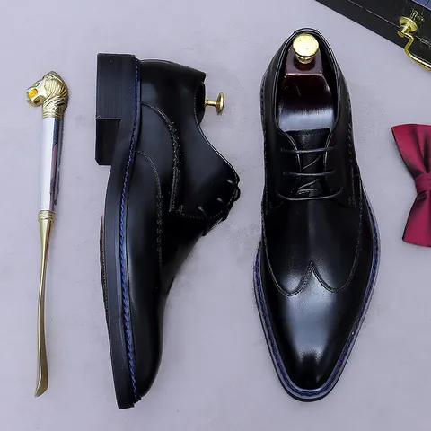 Men's Genuine Cowhide Leather Derby Shoes Wingtip Brogue Business Formal Dress Shoes Pointed Toe Wedding Party Gentleman Footwear