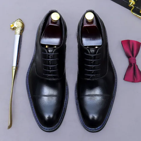 Men's Top Grain Cowhide Leather Oxford Shoes Business Formal Cap Toe Burnished Wedding Dress Shoes With Blue Stitching