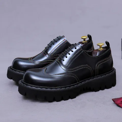 Men's Cowhide Leather Oxford Shoes Thick Sole Heightening Brogue Wingtip Colorful Stitching Formal Business Wedding Dress Shoes