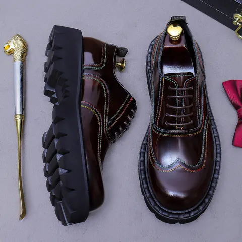 Men's Cowhide Leather Oxford Shoes Thick Sole Heightening Brogue Wingtip Colorful Stitching Formal Business Wedding Dress Shoes
