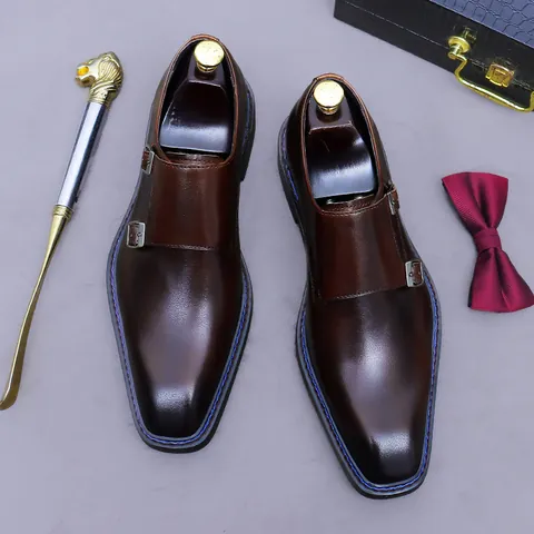 Men's Double Monk Strap Dress Shoes Genuine Top Grain Cowhide Leather Business Office Wedding Shoes With Blue Stitching British Style Formal Footwear