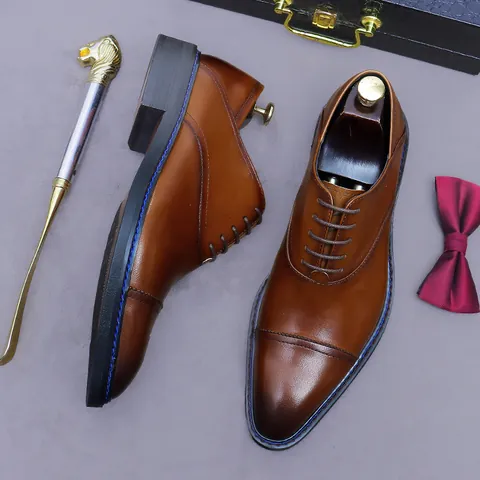 Men Business Formal Cowhide Leather Oxford Shoes Cap Toe Wedding Banquet Dress Shoes With Blue Stitching Detail