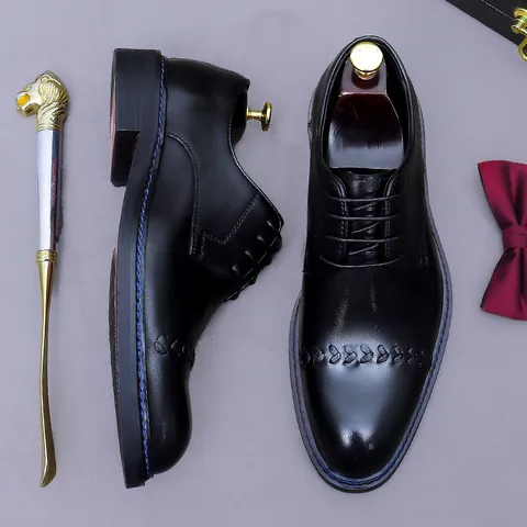 Men Cowhide Leather Derby Shoes Business Formal Dress Shoes With Braided Detail Height Increasing Work Wedding Shoes