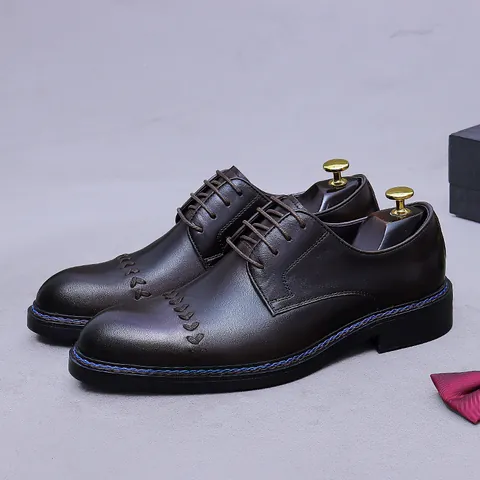 Men Cowhide Leather Derby Shoes Business Formal Dress Shoes With Braided Detail Height Increasing Work Wedding Shoes