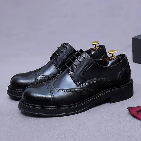 Men's Genuine Cowhide Leather Brogue Derby Shoes Business Formal Cap Toe Lace Up Wedding Party Dress Shoes