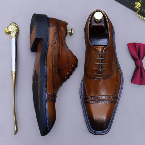 Men Genuine Cowhide Leather Oxford Shoes Vintage Brogue Carving Business Formal Dress Shoes Square Toe Lace Up Wedding Shoes