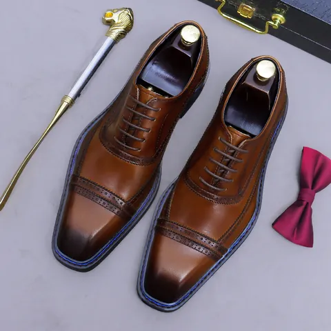 Men Genuine Cowhide Leather Oxford Shoes Vintage Brogue Carving Business Formal Dress Shoes Square Toe Lace Up Wedding Shoes