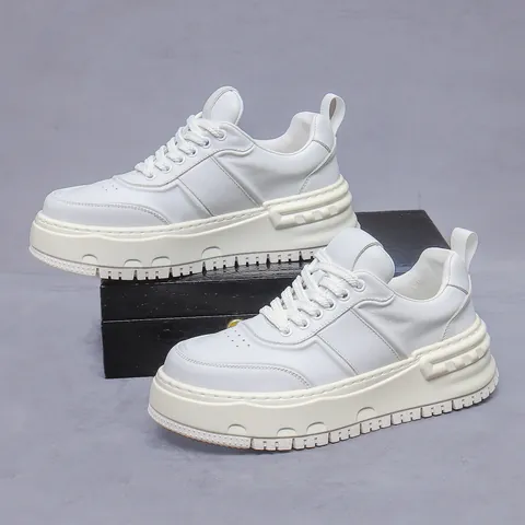 Men's Top Layer Cowhide Leather Casual Sports Shoes Platform Height Increasing Lace-Up Fashion Sneakers British Style