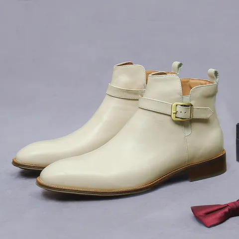 Men Genuine Leather Boots Cowhide Business Dress Shoes Side Zipper Buckle Mid Calf Fashion Formal Commute Boots For Gentleman