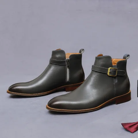Men Genuine Leather Boots Cowhide Business Dress Shoes Side Zipper Buckle Mid Calf Fashion Formal Commute Boots For Gentleman
