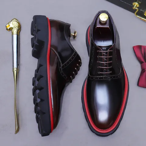 Men Genuine Leather Oxford Shoes Top Layer Cowhide Brogue Carving Lug Sole Heightening Breathable Business Casual Dress Shoes