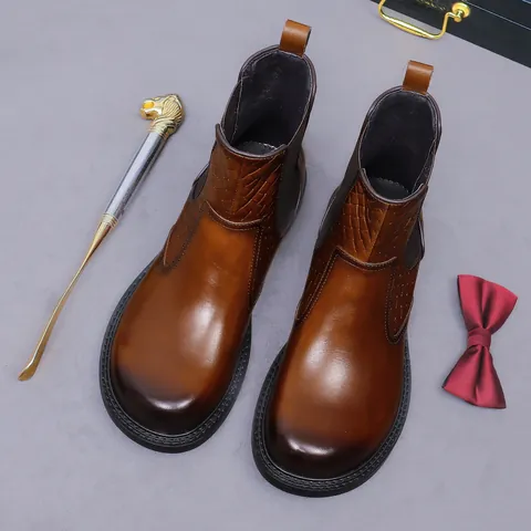 Men Business Chelsea Boots Genuine Cowhide Leather Round Toe Embossed Woven British Casual Slip-on Winter Ankle Boots