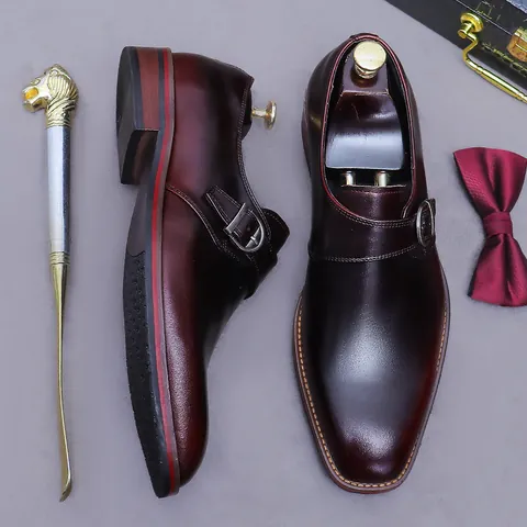 Men's Genuine Leather Monk Strap Shoes Classic Single Buckle British Style Pointed Toe Business Casual Formal Dress Shoes