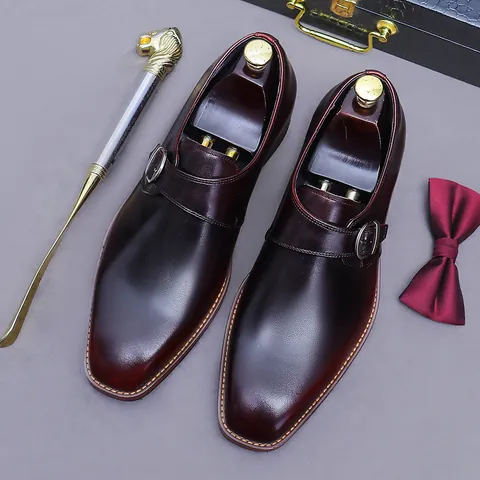Men's Genuine Leather Monk Strap Shoes Classic Single Buckle British Style Pointed Toe Business Casual Formal Dress Shoes