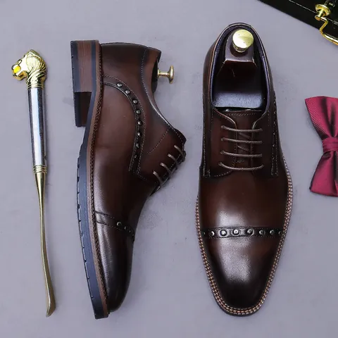 Men Genuine Leather Derby Shoes Vintage Rivet Business Formal Oxford Shoes British Style Wedding Groom Dress Shoes