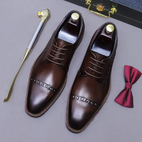 Men Genuine Leather Derby Shoes Vintage Rivet Business Formal Oxford Shoes British Style Wedding Groom Dress Shoes