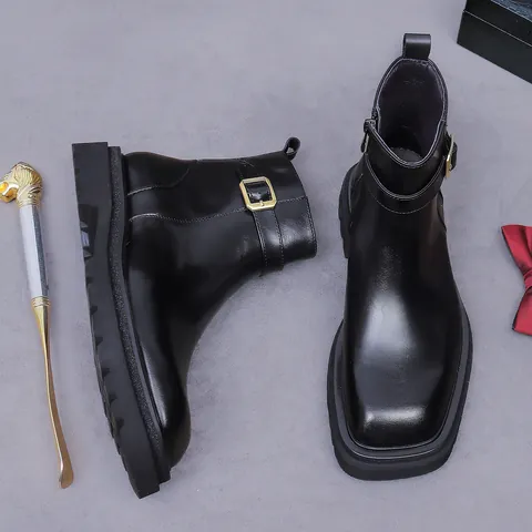Stivali da Uomo in Vera Pelle di Vacchetta Primo Strato Vintage Britannico Punta Quadrata Business Formale Martin Boots Cerniera Laterale Fibbia in Metallo