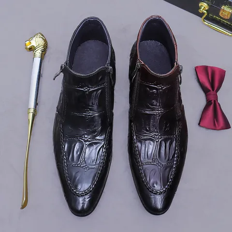 Men's Genuine Leather Boots Crocodile Embossed Pointed Toe Double Side Zipper Business Dress Ankle Boots British Style