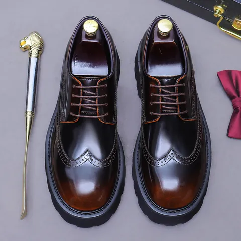 Men's British Brogue Shoes Genuine Patent Leather Wingtip Carving Thick Sole Height Increasing Wedding Business Derby Shoes