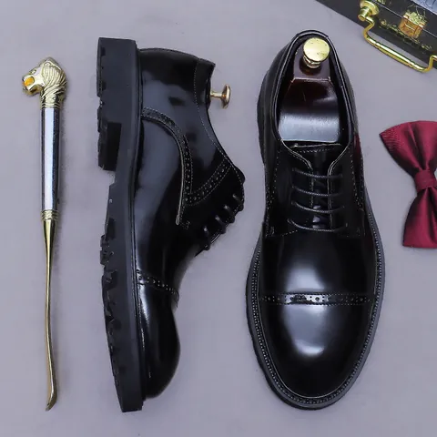 Men Genuine Leather Derby Shoes British Brogue Carved Business Formal Cowhide Lace Up Shoes Wedding Dress Oxfords