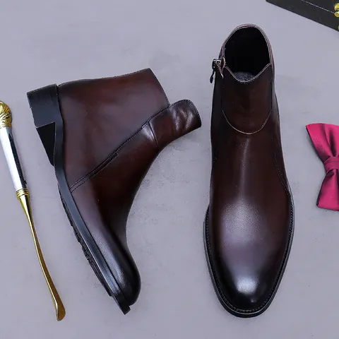Genuine Top Layer Cowhide Chelsea Boots For Men Business Casual Retro Ankle Boots British Style Side Zipper Formal Leather Shoes