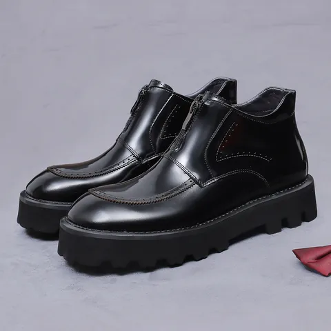 Men's Top Layer Cowhide Leather Boots Front Zipper Brogue Carving Platform Height Increasing Business Casual Shoes