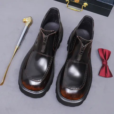 Men's Brogue Leather Martin Boots Front Zipper Thick Platform Shoes British Vintage Style Rubbed Finish Round Toe Boots Men