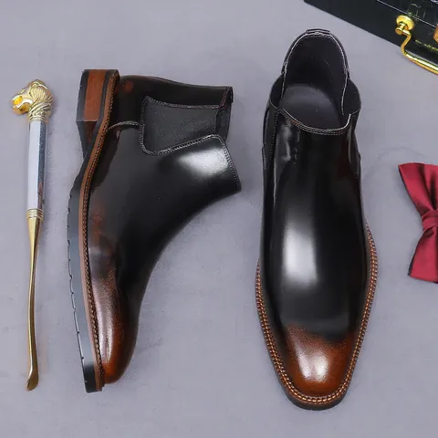 Men Chelsea Boots Genuine Leather Cowhide Head Layer Pointed Toe Burnished Brown Black British Business Casual Formal Shoes