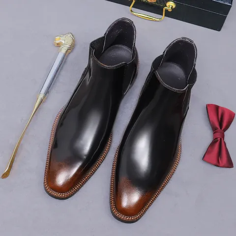 Men Chelsea Boots Genuine Leather Cowhide Head Layer Pointed Toe Burnished Brown Black British Business Casual Formal Shoes