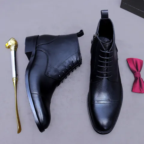 Men Genuine Cow Leather Business Martin Boots British Style Cap Toe Lace-Up Side Zipper Winter Warm Plush Lined Dress Boots