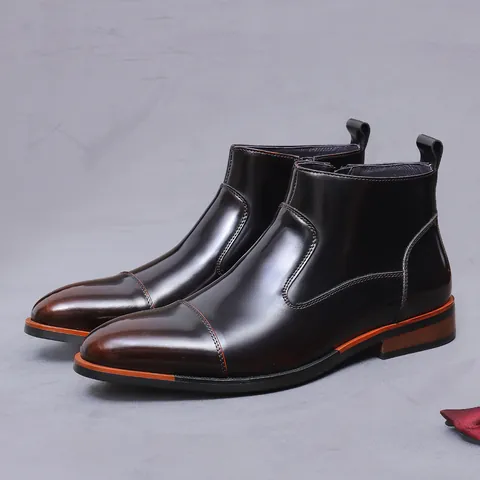 Men's First Layer Cowhide Chelsea Boots Pointed Toe Side Zipper Cap-Toe Polished Leather British Business Casual Shoes
