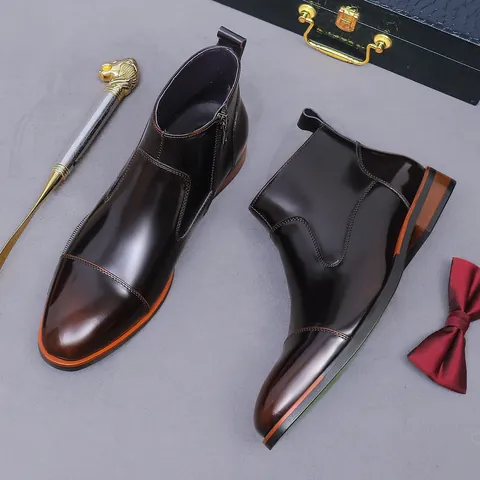 Men's First Layer Cowhide Chelsea Boots Pointed Toe Side Zipper Cap-Toe Polished Leather British Business Casual Shoes