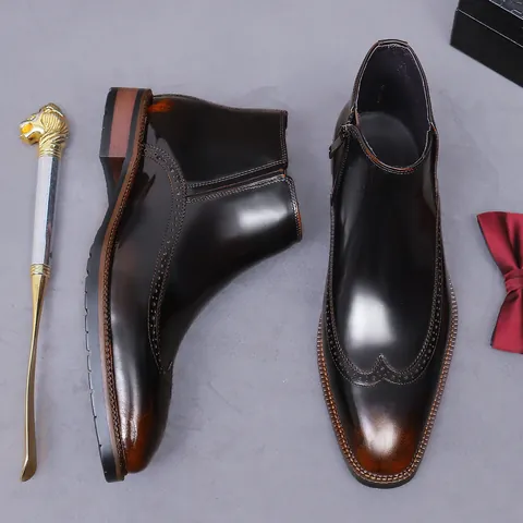 Men Genuine Cowhide Leather Chelsea Boots British Brogue Wingtip Carved Formal Business Ankle Boots With Side Zipper Brown Black