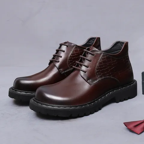 Men's First Layer Cowhide Leather Martin Boots British Business Casual Height Increasing Shoes Crocodile Embossed Formal Dress Boots Non-Slip Rubber Sole