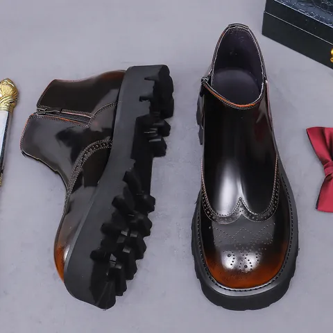 Men's Genuine Leather Brogue Chelsea Boots Wingtip Carved Patent Leather Boots Thick Sole Lug Sole Side Zipper Formal Casual Winter Boots