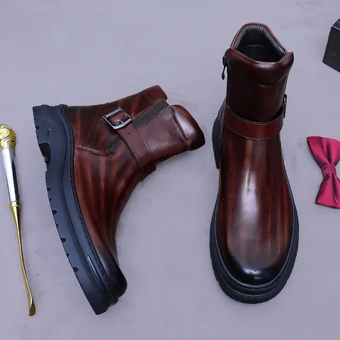 Cowhide Leather Men's Martin Boots Warm Side Zipper Buckle Thick Sole Business Casual Vintage British Style Boots For Men