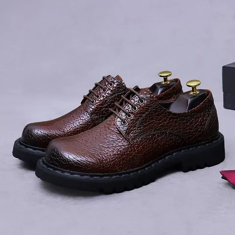 Scarpe Derby da Uomo Stile Britannico Business Casual in Vera Pelle di Vacchetta Primo Strato Suola Spessa Traspirante Allacciata Formali