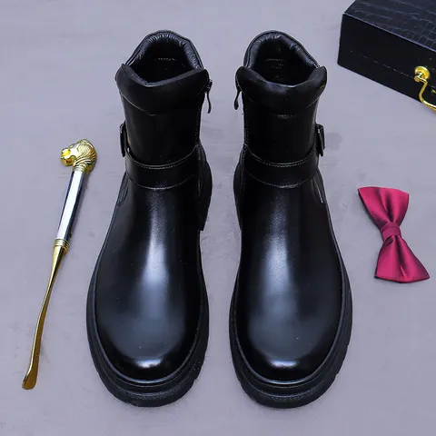 Cowhide Leather Men's Martin Boots Warm Side Zipper Buckle Thick Sole Business Casual Vintage British Style Boots For Men