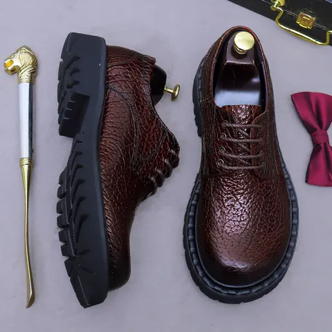 Scarpe Derby da Uomo Stile Britannico Business Casual in Vera Pelle di Vacchetta Primo Strato Suola Spessa Traspirante Allacciata Formali
