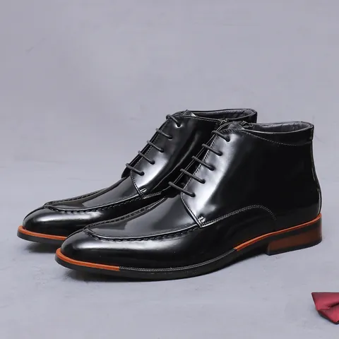Bottines Formelles Homme Style Britannique en Cuir de Vachette Première Couche Verni Chaussures Business Fermeture Éclair et Lacets